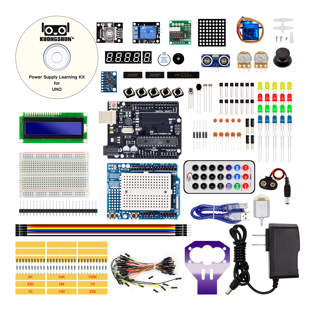 Стартовый набор Arduino UNO R3 DIP KUONGSHUN с фирменным логотипом без батарейки крона 9В с блоком питания под американскую розетку